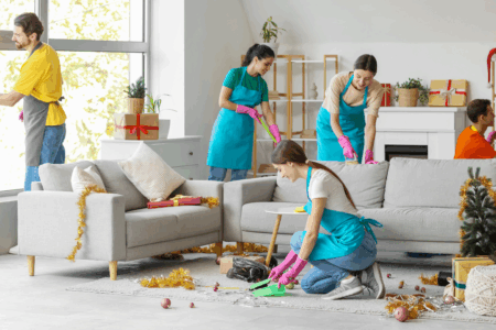A bright, modern living room is in the middle of a post-party cleanup. A team in aprons and pink gloves works together to sweep away gold tinsel, ornaments, and wrapping paper, restoring the space to a clean, fresh, and welcoming state.