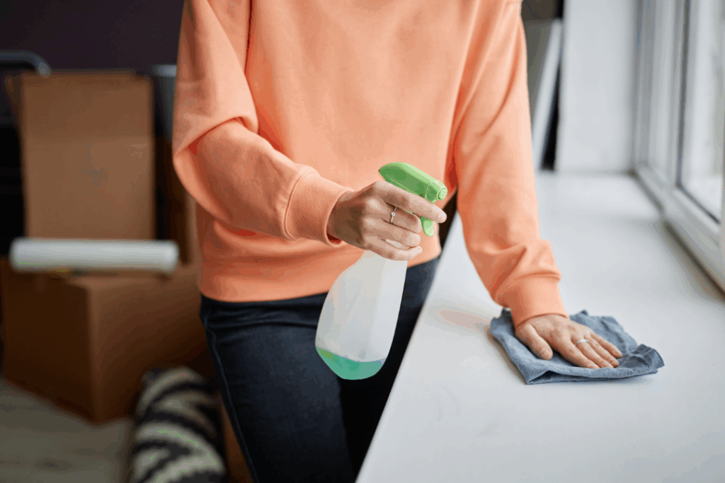 Person wiping a countertop after spraying cleaner, demonstrating effective deep cleaning and sanitation.