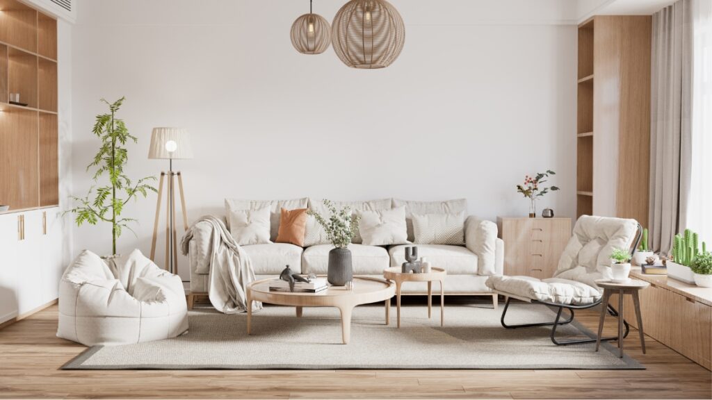 House cleaning service refreshing a cozy living room with vacuumed rugs and spotless tabletops.