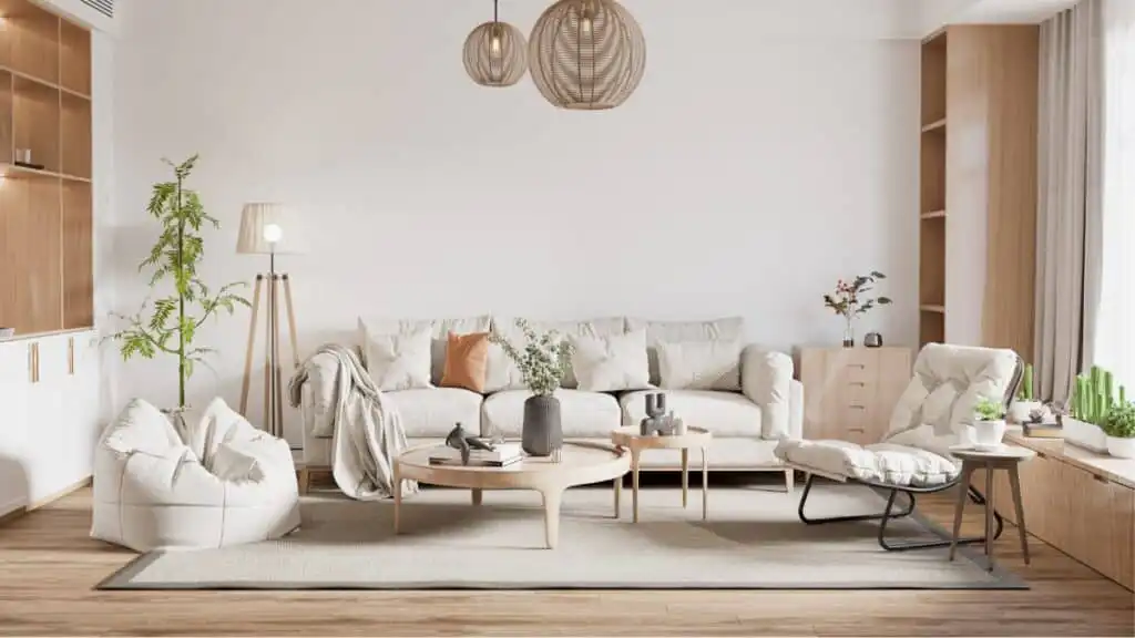 House cleaning service refreshing a cozy living room with vacuumed rugs and spotless tabletops.