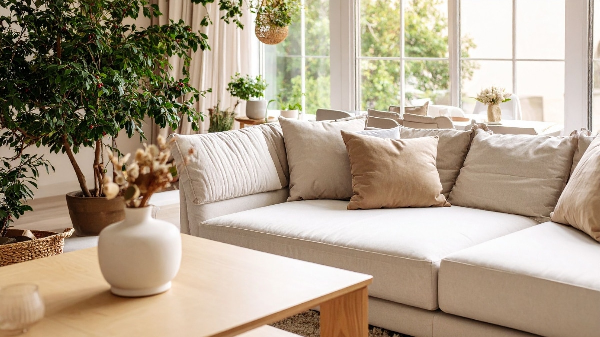 Neatly arranged living room with spotless upholstery after thorough residential cleaning.